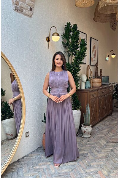 Moda Banuş Lilac Shiny Lined Long Evening Dress - Tight Fit