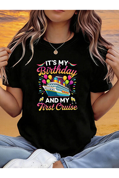LİNA06 تي شيرت نسائي بأكمام قصيرة مطبوع عليه It'S Birthday My First Cruise، م...