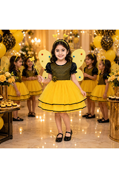 joyland زي نحلة تنكري فاخر للبنات من Joy Land - فستان أميرة منفوش باللون الأصفر والأسود مع أجنحة وإكسسوارات كاملة.