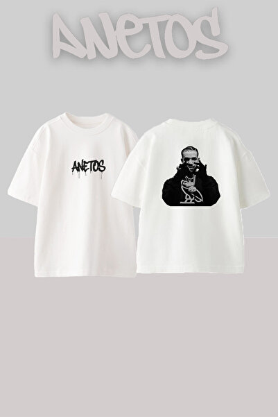 Anetos Λευκό μπλουζάκι Drake_37 με στάμπα σχεδίου Unisex Oversize