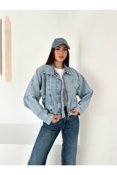 PIOVE Women's Light Blue Oversize Zippered Denim Jacket Crop Jean Jacket