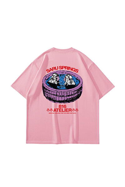 Sekizbiraltı Saru Springs Back Printed Pink Oversize Tshirt