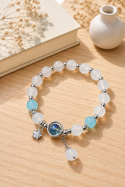 TREND COLLECTİON Beaded Blue Stone Detailed Women's Bracelet Silver Color Sta...