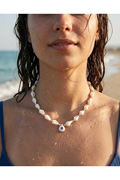 Rasa Boho Evil Eye Beaded Seashell Necklace – Summer Combination, Beach Aesth...