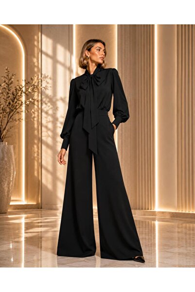 ALYEL NAKER Balloon Sleeve Blouse & Wide Leg Pants Top & Bottom Crepe Set