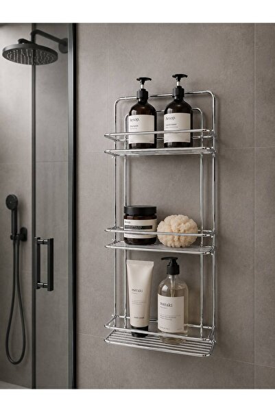 buççin online mağaza 3 Katlı Banyo Rafı Geniş Metal Şampuanlık Yapışkanlı Ban...