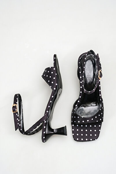 Long Star Women's Thin Heeled Black Sandals Polka Dot Evening Dress Shoes