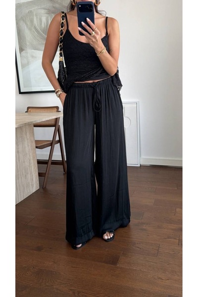 Generic Brand Zra Model Satin Elastic Waist Wide Leg Elastic Pants