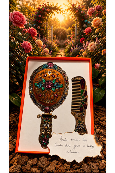 Home Vintage Bronz Gül Desenli Katlanabilir Ayna ve Tarak Seti | Nostaljik El...