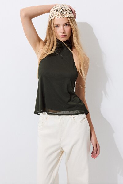 Stradivarius Desenli tül halter yaka fularlı top
