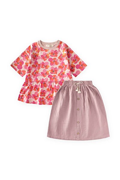 Cigit Muslin Skirted Tunic Set 5-12 Years Powder Pink