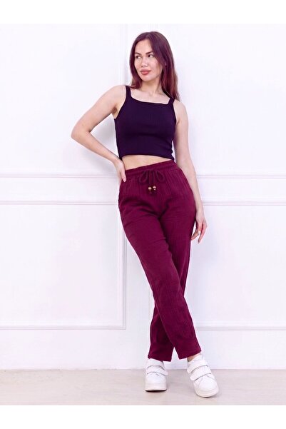 Flubutik Women's Burgundy Muslin Cotton Pleated Trousers