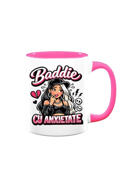 OEM Cană cu mesaj amuzant: "Baddie cu anxietate", albă cu interior roz, 330ml...
