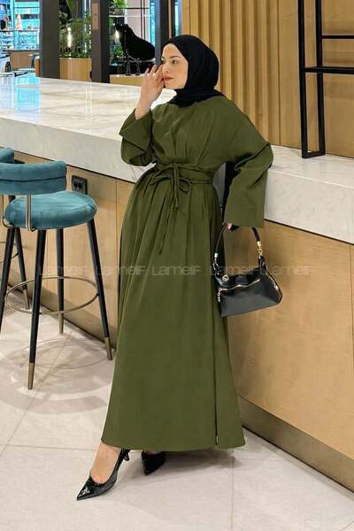 lamelif Nora Lace-Up Hijab Dress Khaki