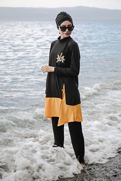 Marina Swimwear Black Color Detailed Full Covered Hijab Swimsuit 4 Pieces - M...