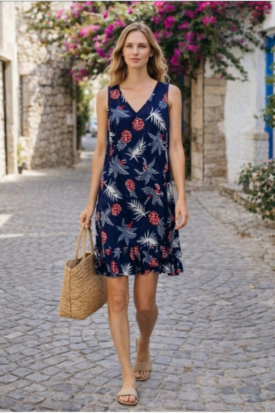BUTİK AYVİTRİN Women's Patterned Skirt with Ruffles Viscose Dress
