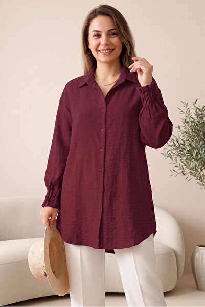 SADEL Oversize Kol Manşeti Drapeli Gömlek - Bordo