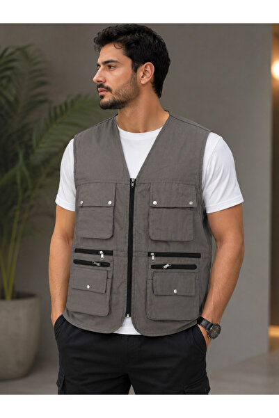 Tekstilfuarı Erkek Taş Rengi Kabartma Cep Detaylı Çok Cepli Fermuarlı Outdoor...