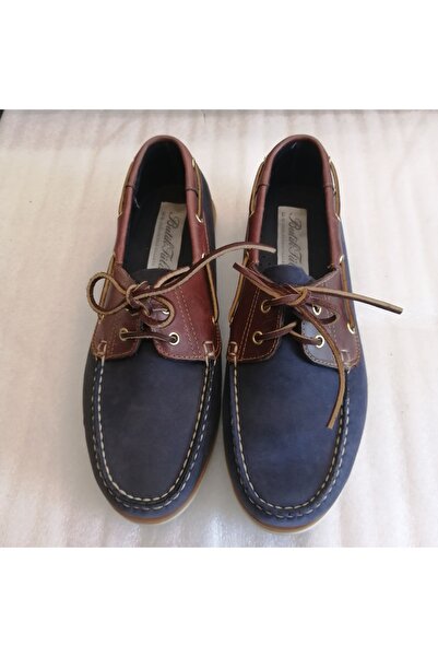 Butik Tülin Unisex Genuine Cowhide Nubuck Navy Blue-Brown Combination Hand-Wo...