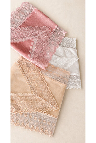 çeyizköşesi 3-Piece Velvet Lace Detailed Tablecloth Runner Cream Dotted Powder