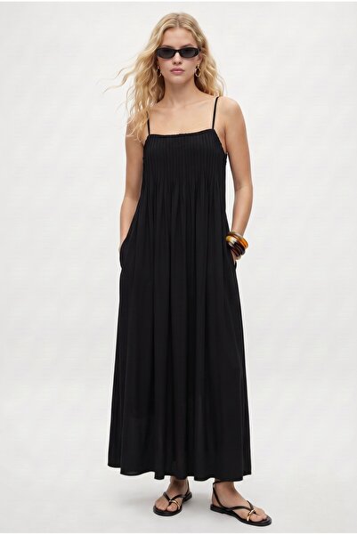 Ritnice Women's Nathan Adjustable Strap Pocket Long Woven Black Dress