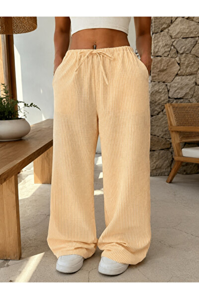 Yukatay Beige Striped Harajuku Y2K Tracksuit with Elastic Waist