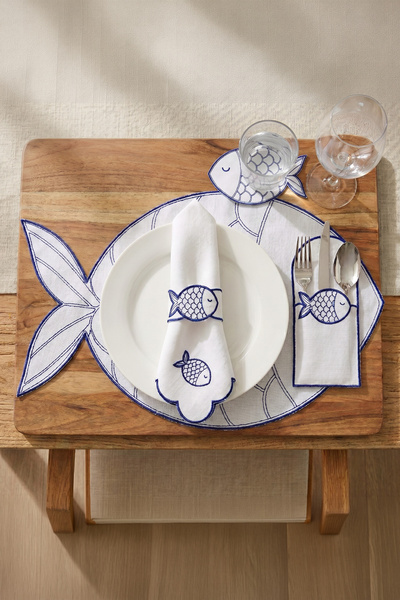 decofav White Marine Fish Embroidered Luxury Tableware Set - 5 Pieces