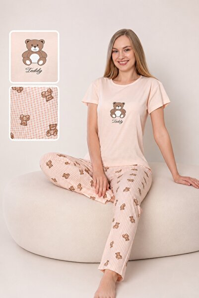 CottonVia Women's Pajama Set, 100% Cotton, Short Sleeve, Crew Neck, Teddy Pri...