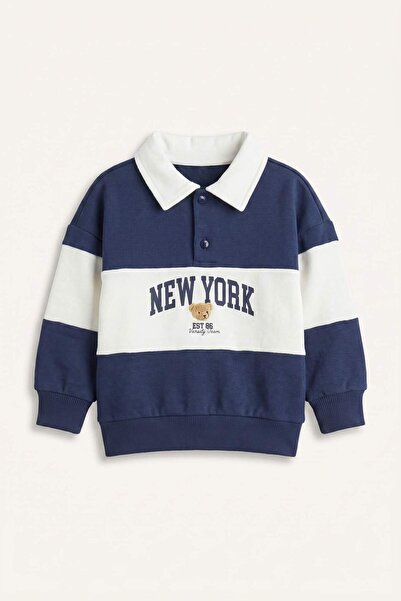 DeFacto 100% Cotton Oversized Polo Collar College Printed Sweatshirt Fabric S...