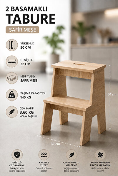 YüceerHome Turea 2 Basamaklı Tabure Merdiven Çok Amaçlı 140 KG Taşıma Kapasit...