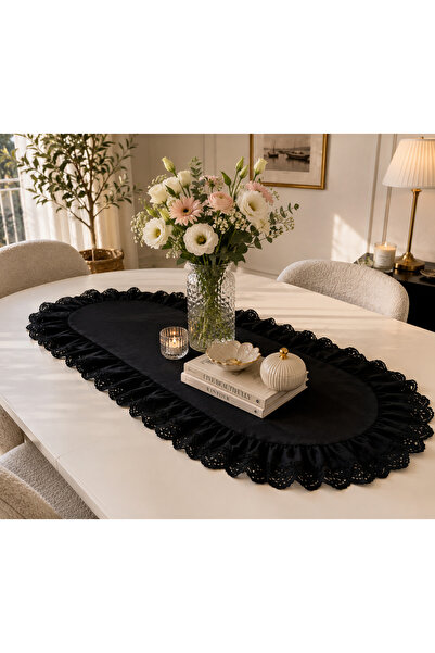 NURGİTA HOME Fisto Fırfırlı Oval Runner Duck Keten &Dekoratif Örtü & Masa Ört...