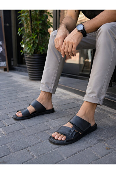 SPOKEN Ayakkabı & Kemer Black Genuine Leather Men's Velcro Slippers Ultra Ort...