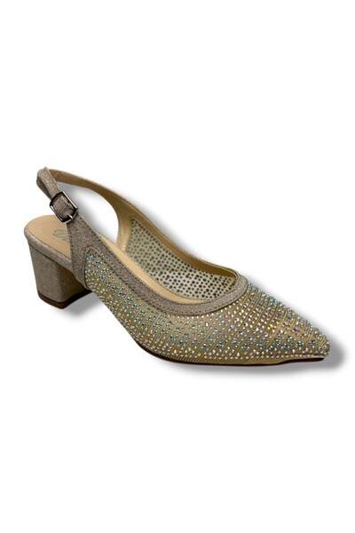 Cakgo Desire 356-26 Sequined, Satin, Mesh, Stoned, Square Heel Women's Shoes 6cm