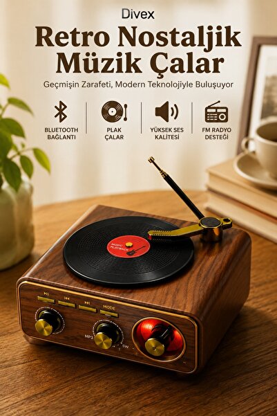 Divex Retro Nostaljik Ahşap Bluetooth Pikap Plak Çalar Görünümlü FM Radyo ve ...