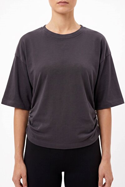 hadiora Women's Gray Side Gathered Bat Sleeve Cotton T-Shirt