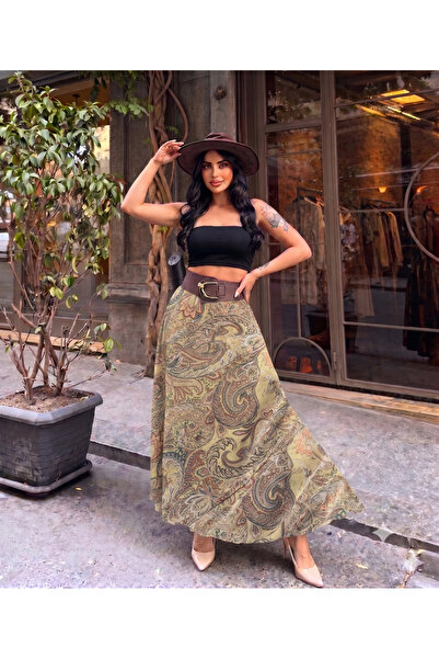 Salvi Women's Bohemian Ethnic Patterned Chiffon Long Maxi Skirt with Belt