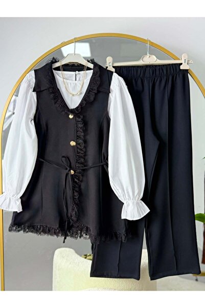 modasindoma Vera Lace Detailed Tie-Up Double Set Black