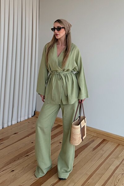 Laluvia Khaki Vero Cotton Belted Double Suit - 1300