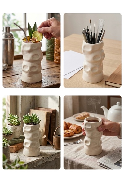 PALU GASTRO Premium Beige Tiki Skull Design Porcelain Mug - Multi-Purpose Tot...