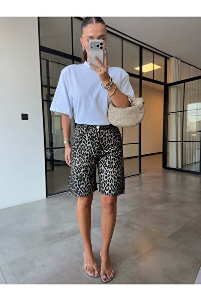 BB Bensu Buyruk Leopard Printed Denim Bermuda