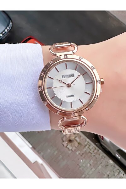 Ferrucci Kadın Rose Gold Hasır Kordon Taş Detaylı Kol Saati 2 Yıl Garantili