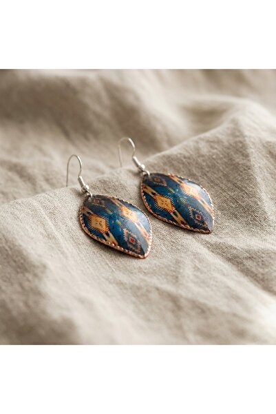 Erol Bakır New Series Copper Navy Blue Orange Kilim Patterned Dangle Earrings
