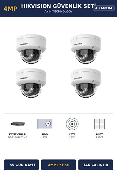 Hikvision 4 Kameralı 4MP Güvenlik Kamera Seti 4MP IP PoE 4TB ~55 Gün Kayıt Do...