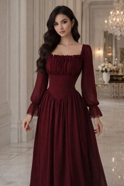 tsuwahen Long Burgundy Evening Dress with Chiffon Sleeves and Defined Waistline