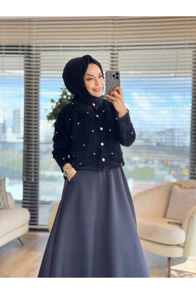 hatun atilla 2408 Angora Stone Embroidered Cardigan Black