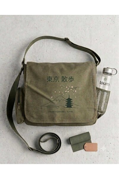 Toum Fuji & Sakura Khaki Crossbody Unisex Messenger Bag