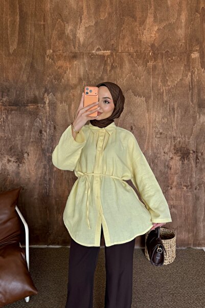 HYWONA Kadın %100 Pamuk Müslin Oversize Tesettür Gömlek Tunik Limon Sarı