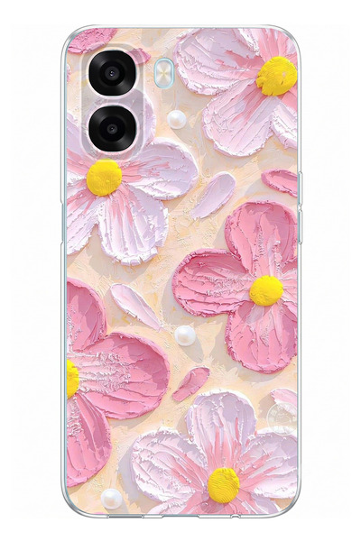 TechTree Oppo A6T - A6X Uyumlu Pembe Beyaz Çiçekler Sulu Boya Baskılı Silikon...