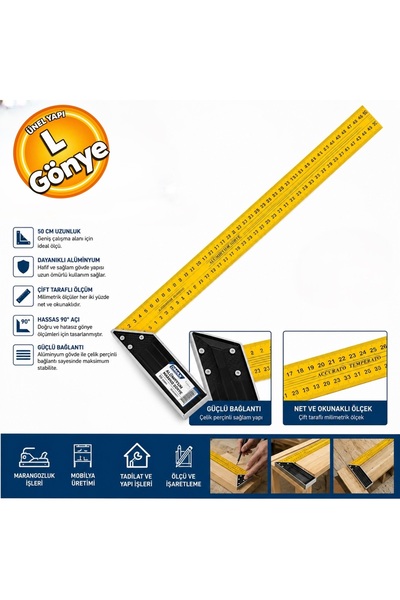 DMX-4556 500 mm 50 cm Alüminyum Açılı Ahşap İnşaat Marangoz L Gönye 50 cm