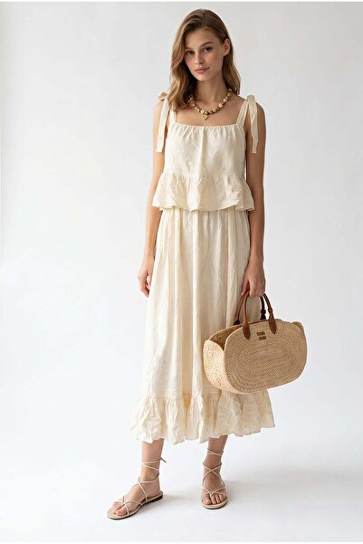 Mixray 2145 Women's Tie-Strap Square Neck Flounce Long Dress Natural